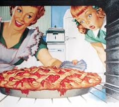 cartoon woman removing a pie from the oven