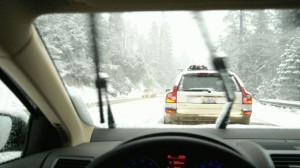 winter driving view from inside a car