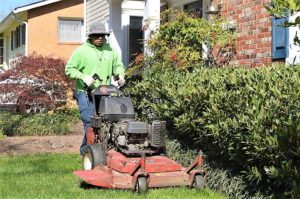 allentuck landscaping employee pushing a lawn mower