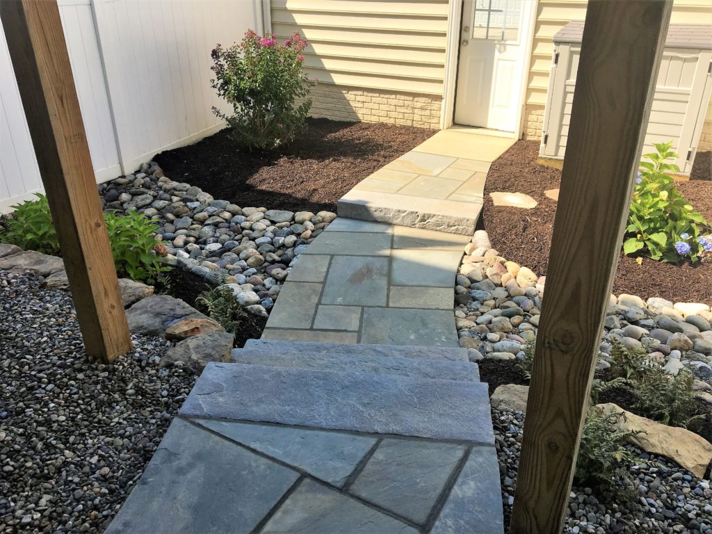 Walking Path installation in backyard with flower beds