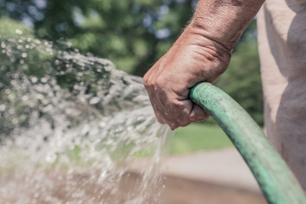 Man holding a garden hose spraying water