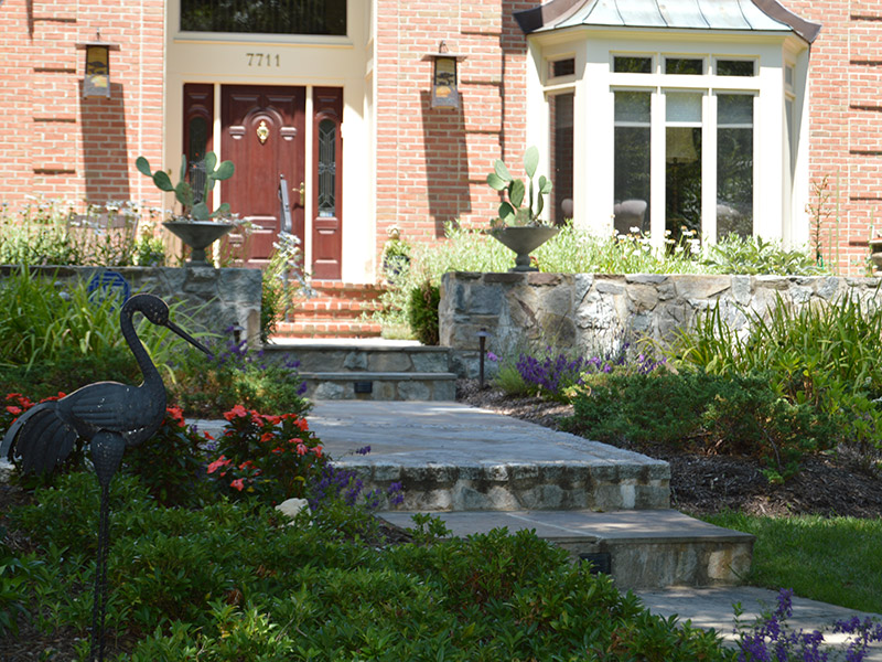 Front walkway and patio landscaping design